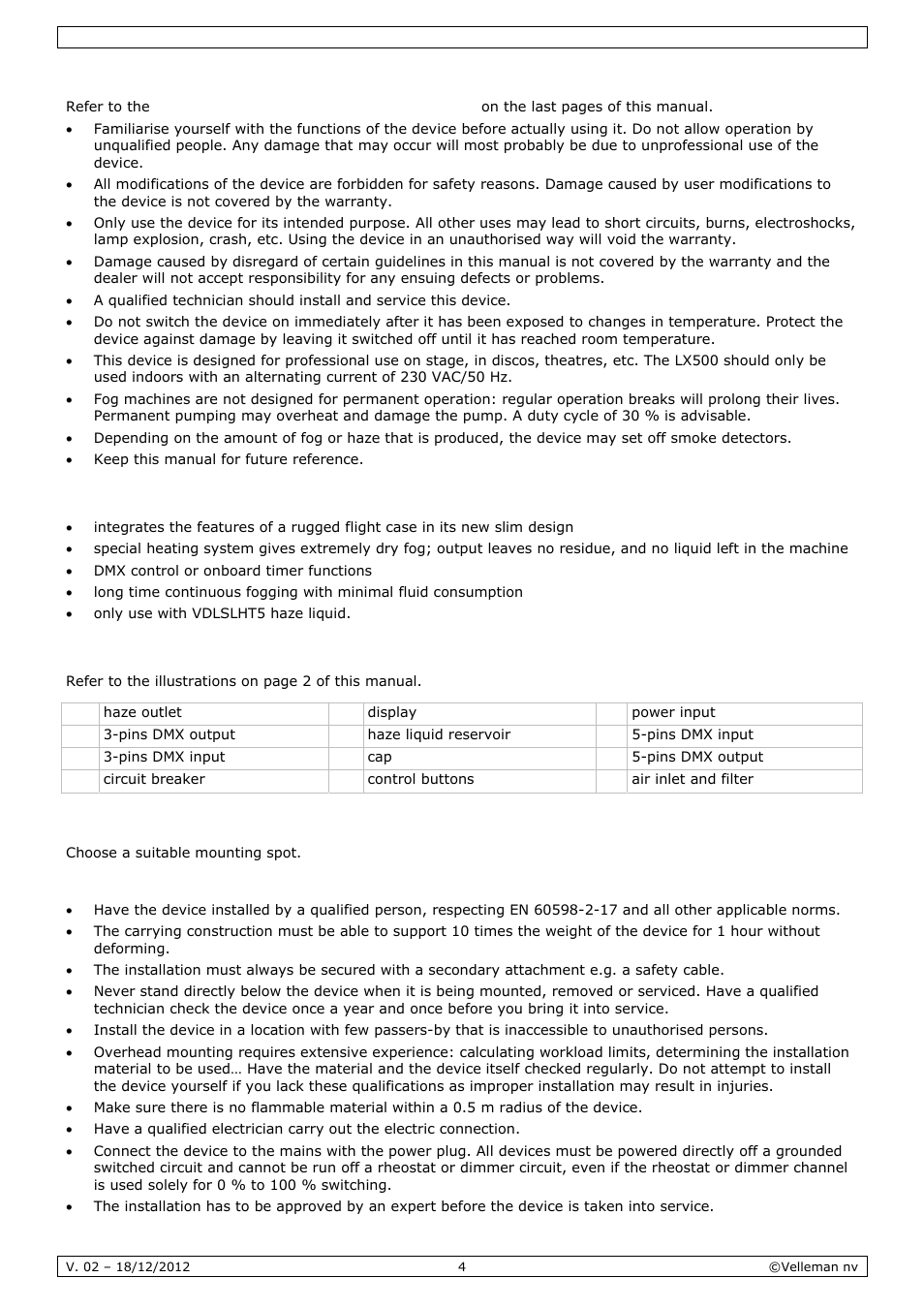 General guidelines, Features, Overview | Installation | Velleman LX500 User Manual | Page 4 / 32