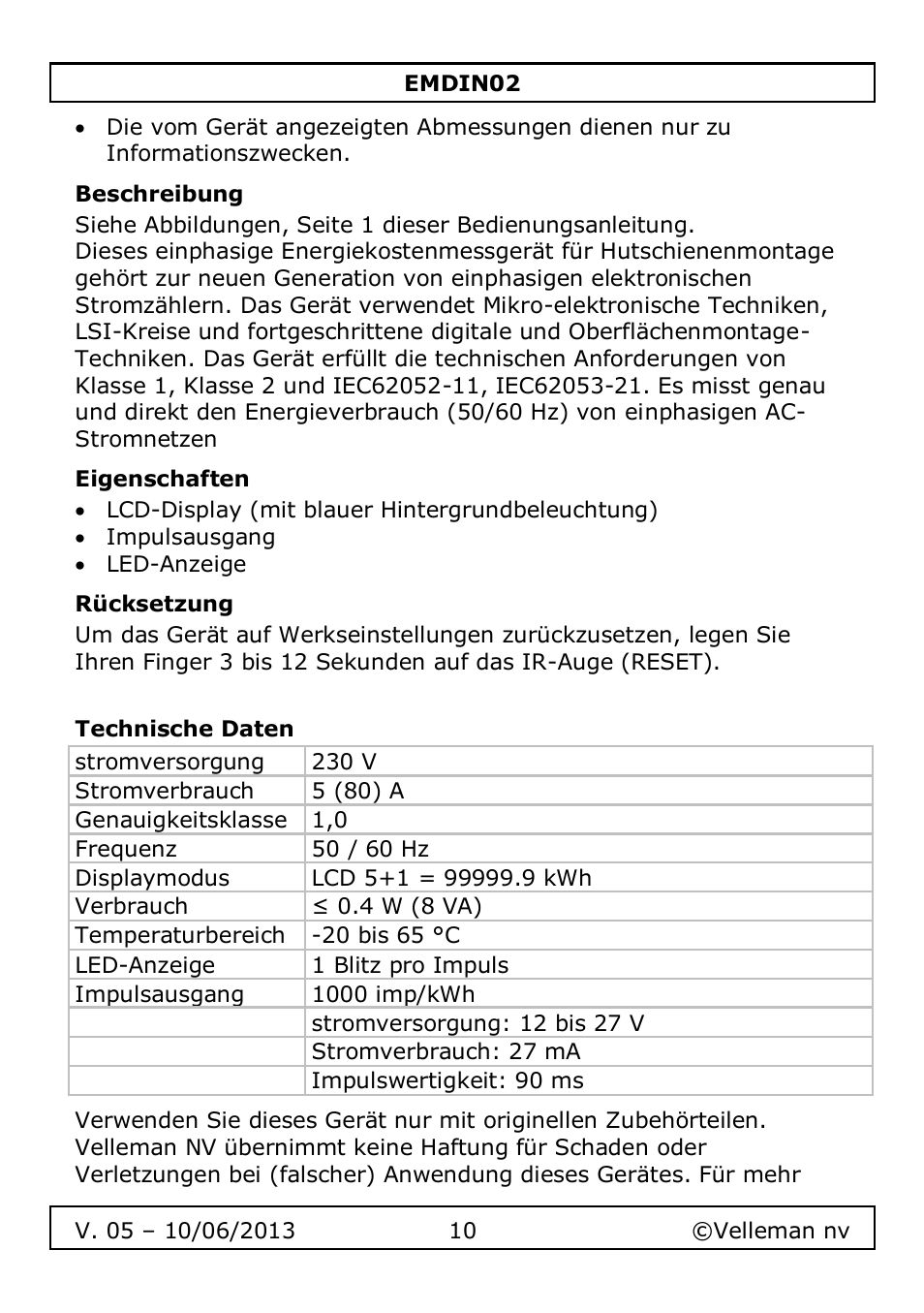 Beschreibung, Eigenschaften, Rücksetzung | Technische daten | Velleman EMDIN02 User Manual | Page 10 / 16