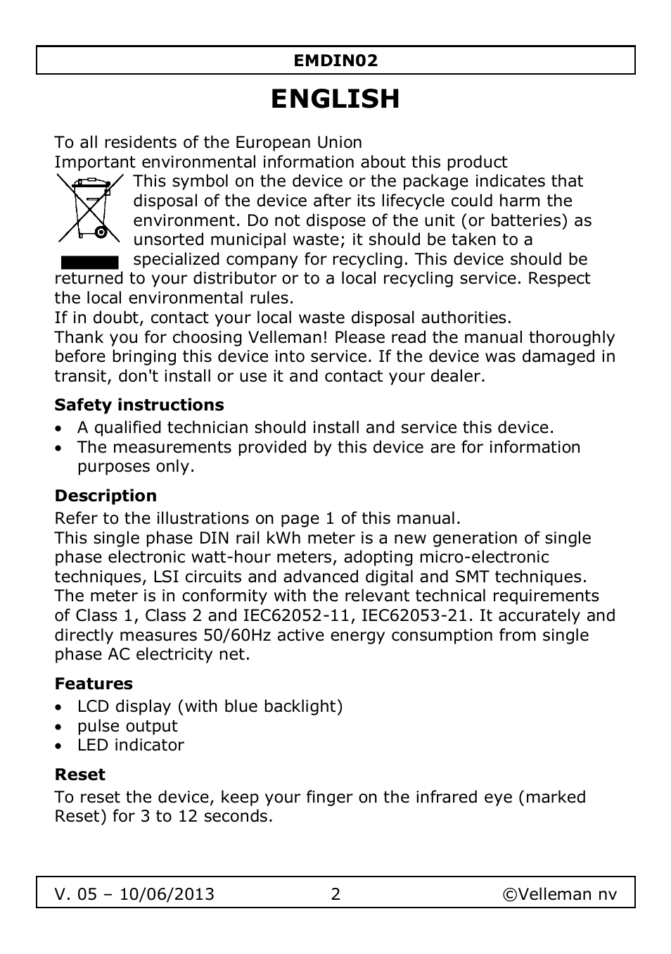 English, Safety instructions, Description | Features, Reset | Velleman EMDIN02 User Manual | Page 2 / 16