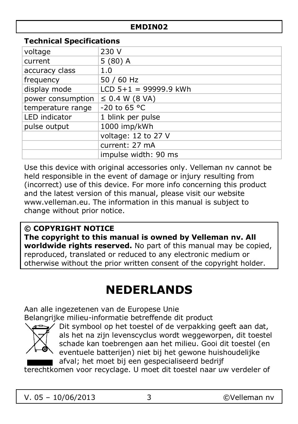 Technical specifications, Nederlands | Velleman EMDIN02 User Manual | Page 3 / 16