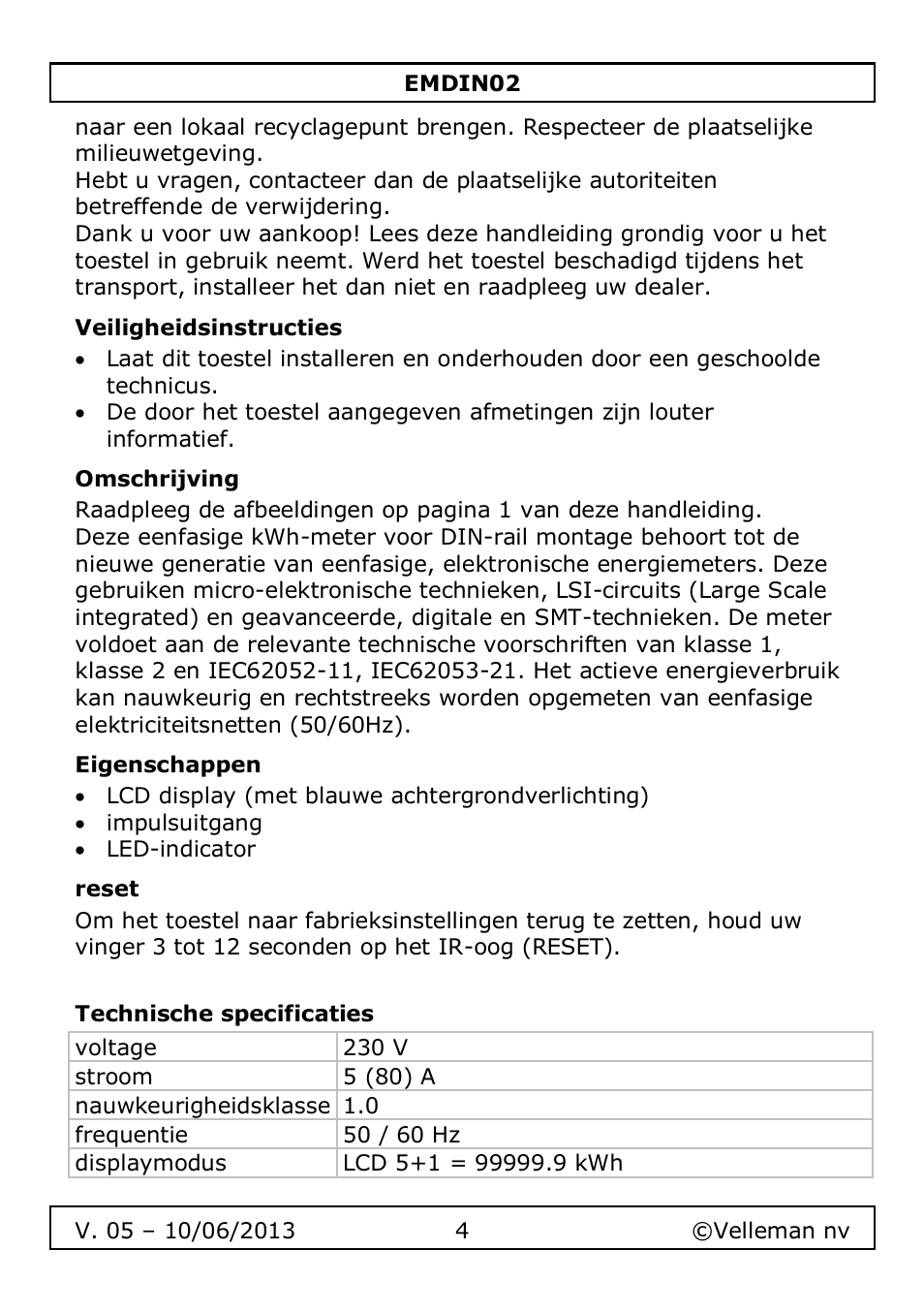 Veiligheidsinstructies, Omschrijving, Eigenschappen | Reset, Technische specificaties | Velleman EMDIN02 User Manual | Page 4 / 16