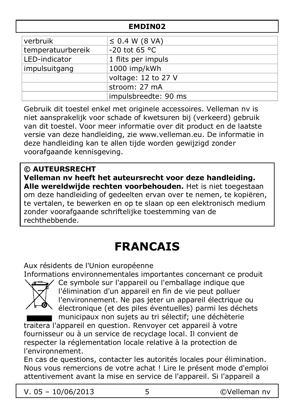 Francais | Velleman EMDIN02 User Manual | Page 5 / 16