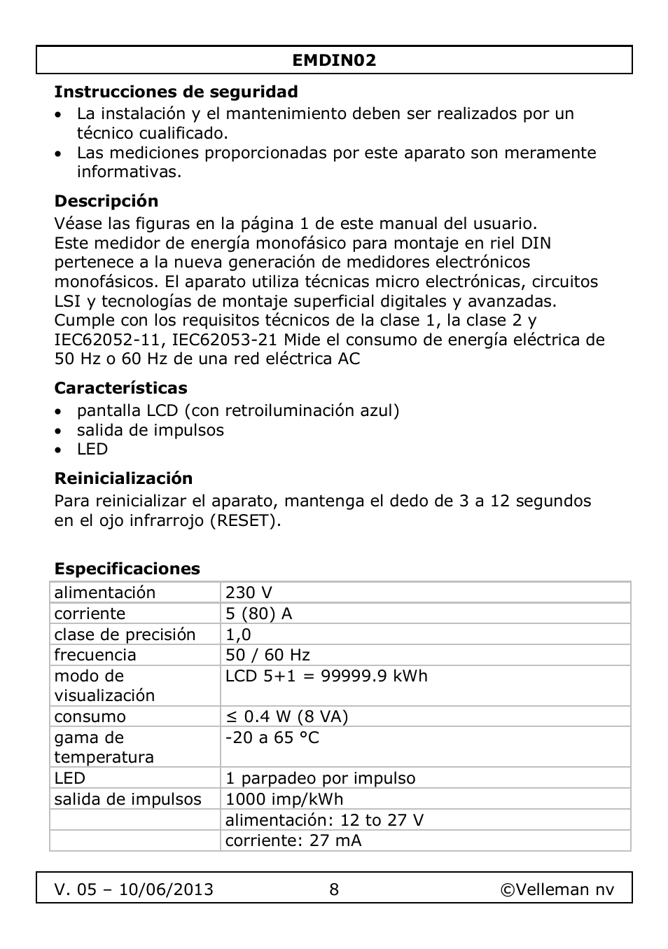 Instrucciones de seguridad, Descripción, Características | Reinicialización, Especificaciones | Velleman EMDIN02 User Manual | Page 8 / 16