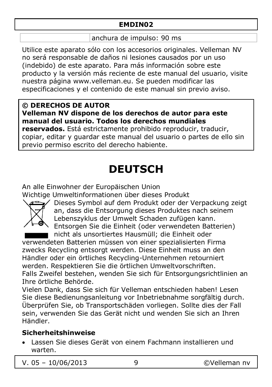 Deutsch, Sicherheitshinweise | Velleman EMDIN02 User Manual | Page 9 / 16