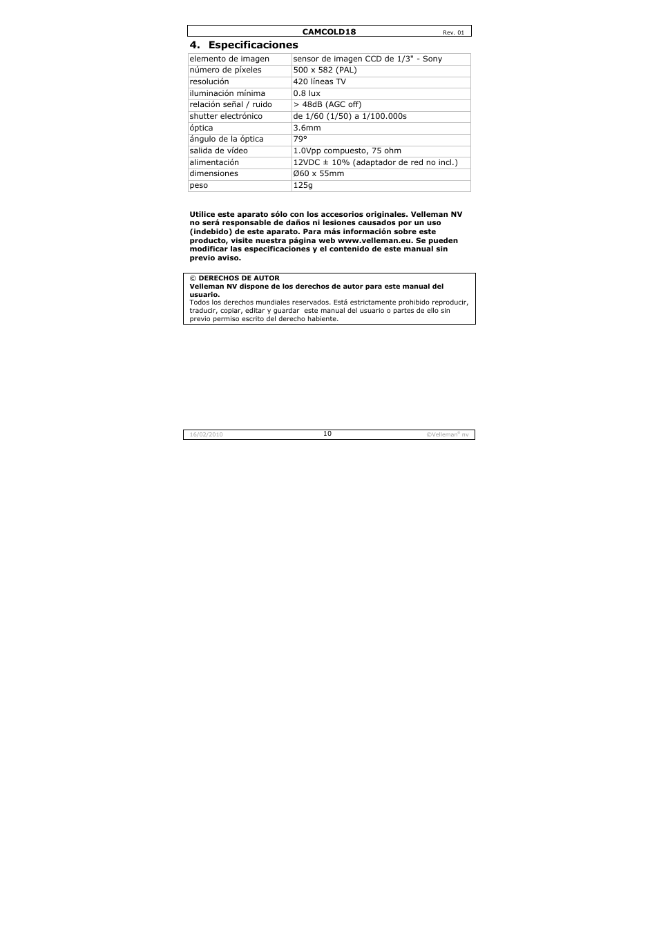 Especificaciones | Velleman CAMCOLD18 User Manual | Page 10 / 16