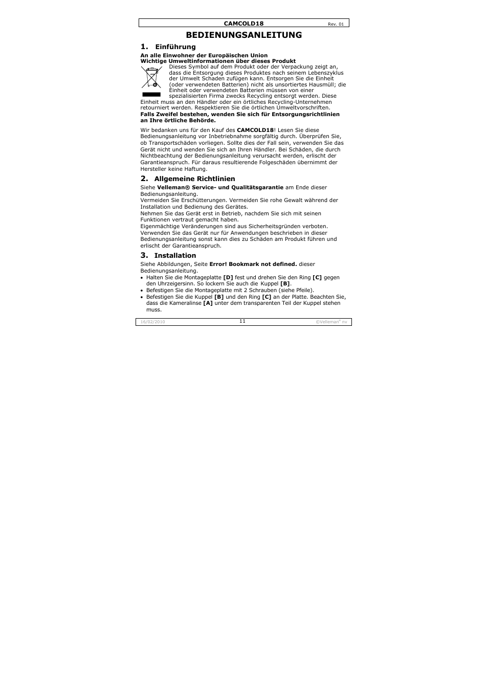 Bedienungsanleitung | Velleman CAMCOLD18 User Manual | Page 11 / 16