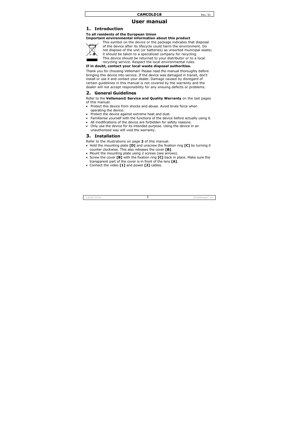 User manual | Velleman CAMCOLD18 User Manual | Page 3 / 16