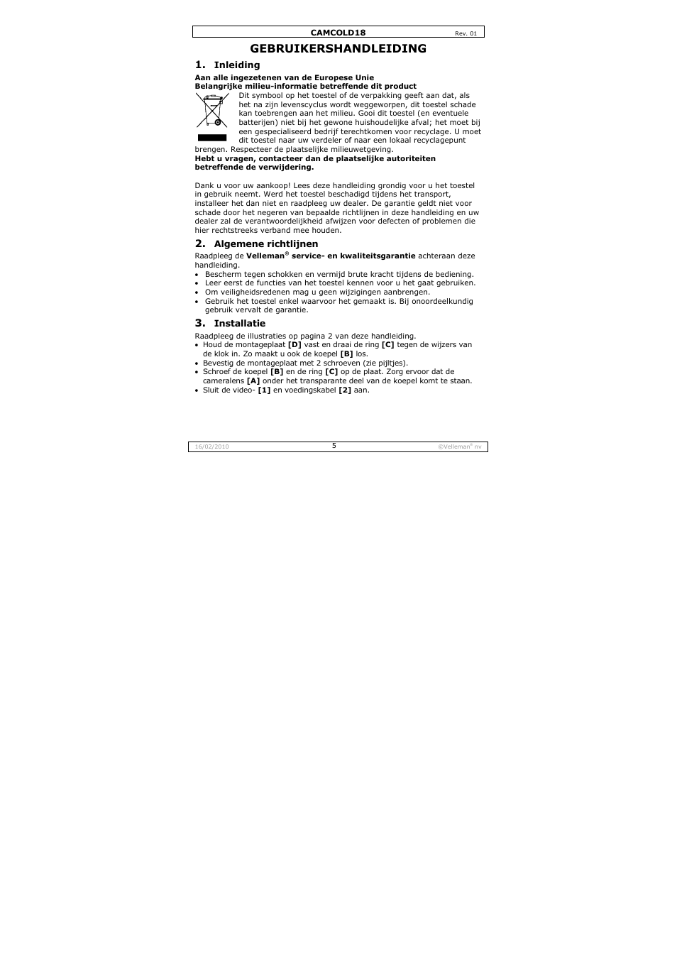 Gebruikershandleiding | Velleman CAMCOLD18 User Manual | Page 5 / 16