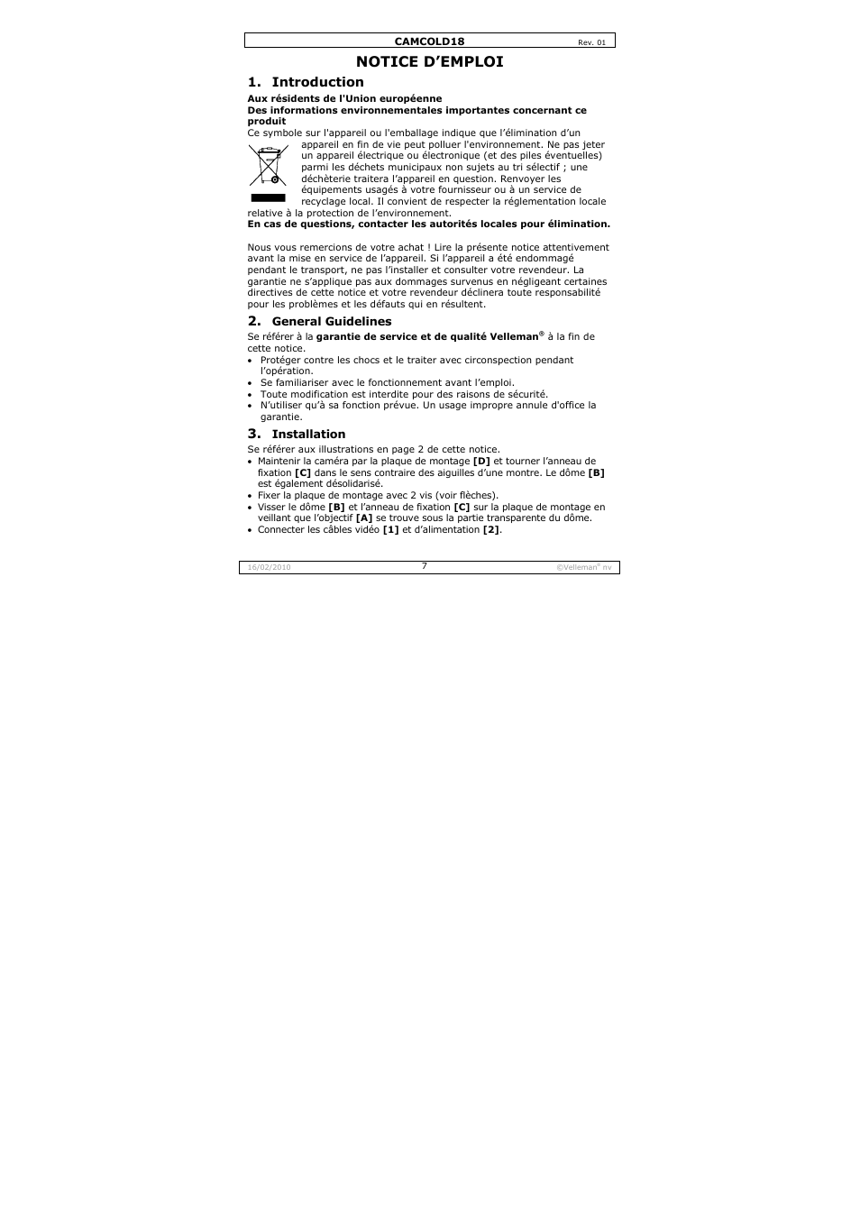 Notice d’emploi, Introduction | Velleman CAMCOLD18 User Manual | Page 7 / 16
