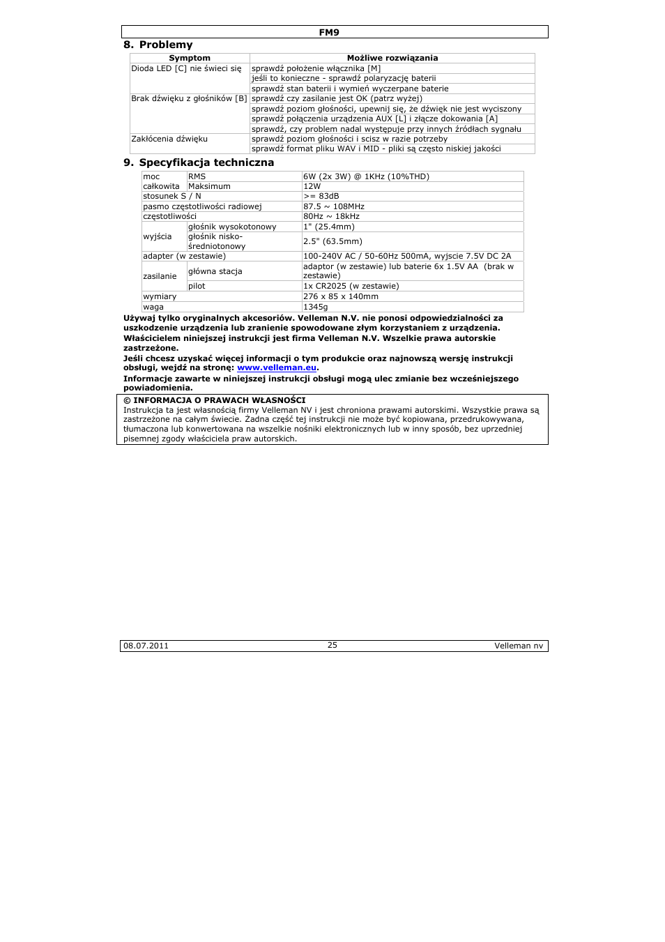 Velleman FM9 User Manual | Page 25 / 28