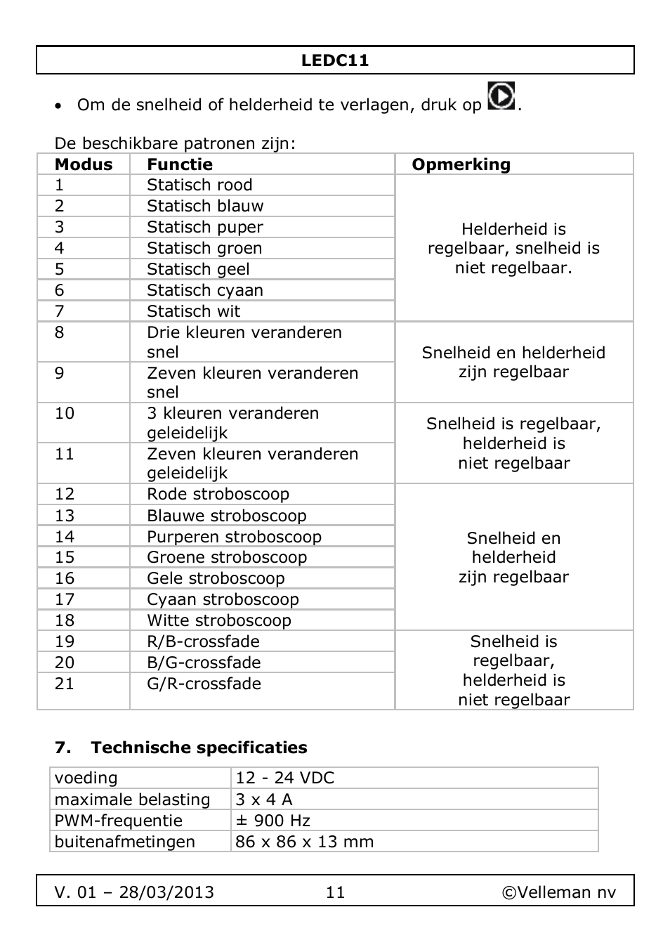 Technische specificaties | Velleman LEDC11 User Manual | Page 11 / 44