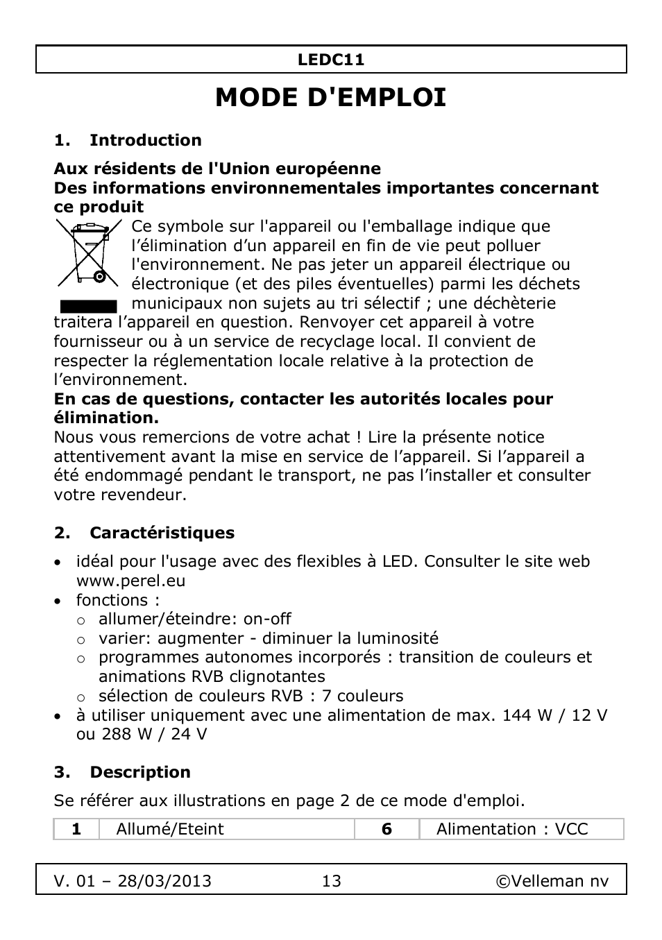 Mode d'emploi, Introduction, Caractéristiques | Description | Velleman LEDC11 User Manual | Page 13 / 44