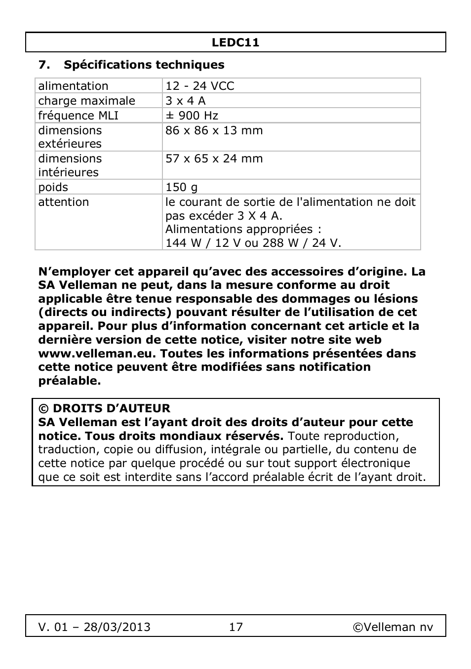 Spécifications techniques | Velleman LEDC11 User Manual | Page 17 / 44