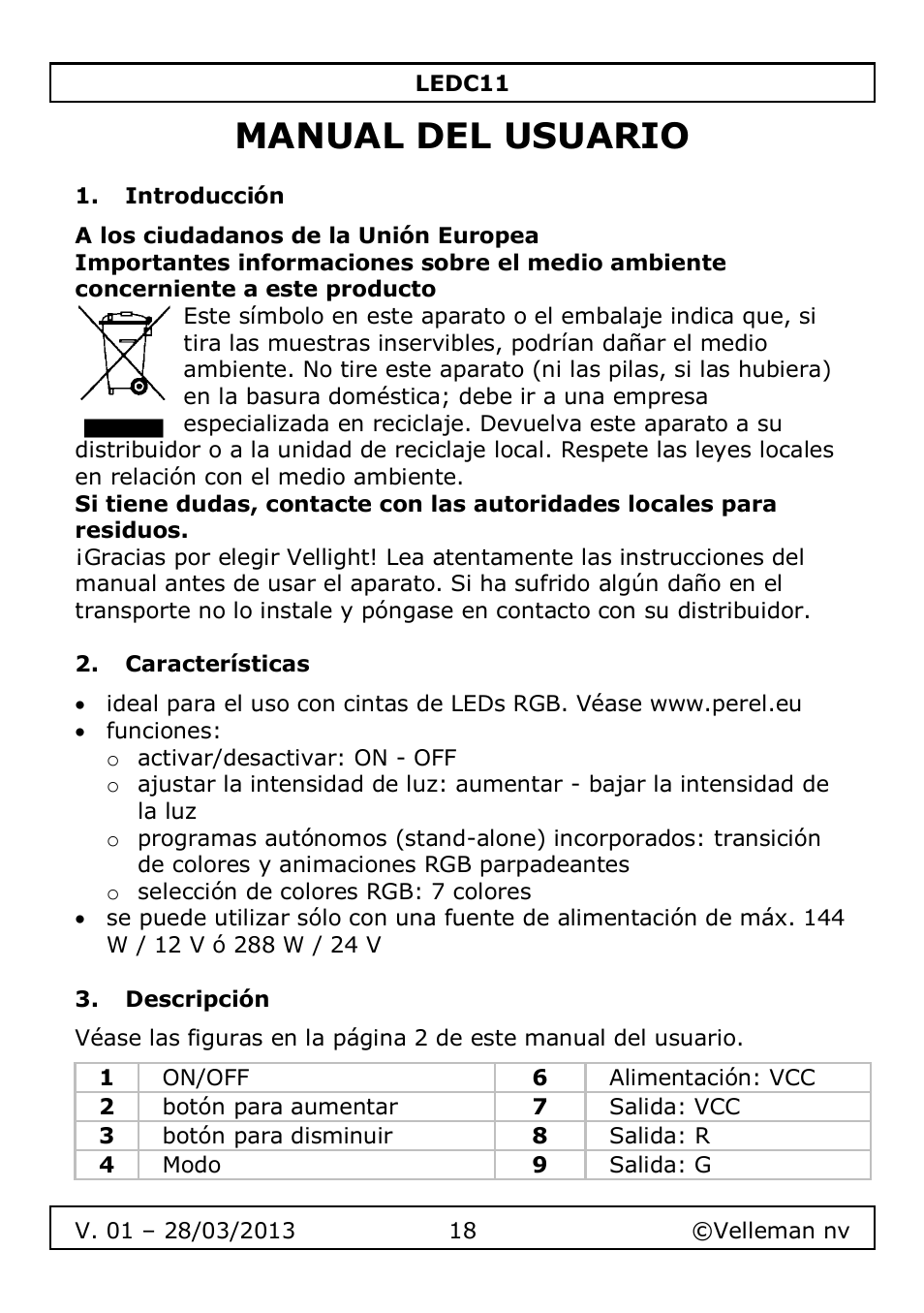 Manual del usuario, Introducción, Características | Descripción | Velleman LEDC11 User Manual | Page 18 / 44