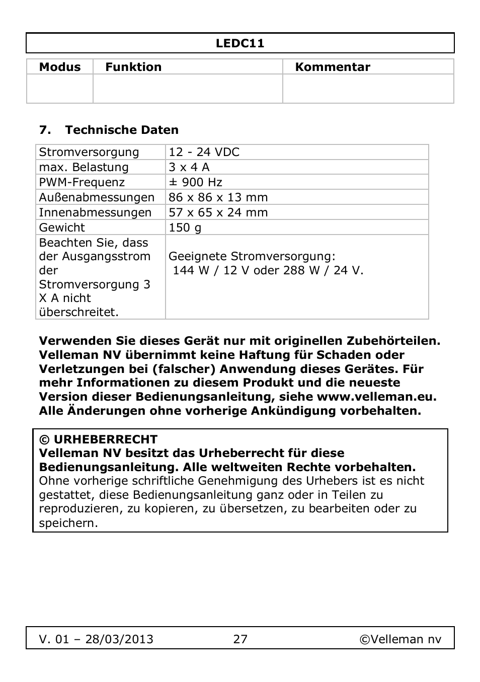 Technische daten | Velleman LEDC11 User Manual | Page 27 / 44