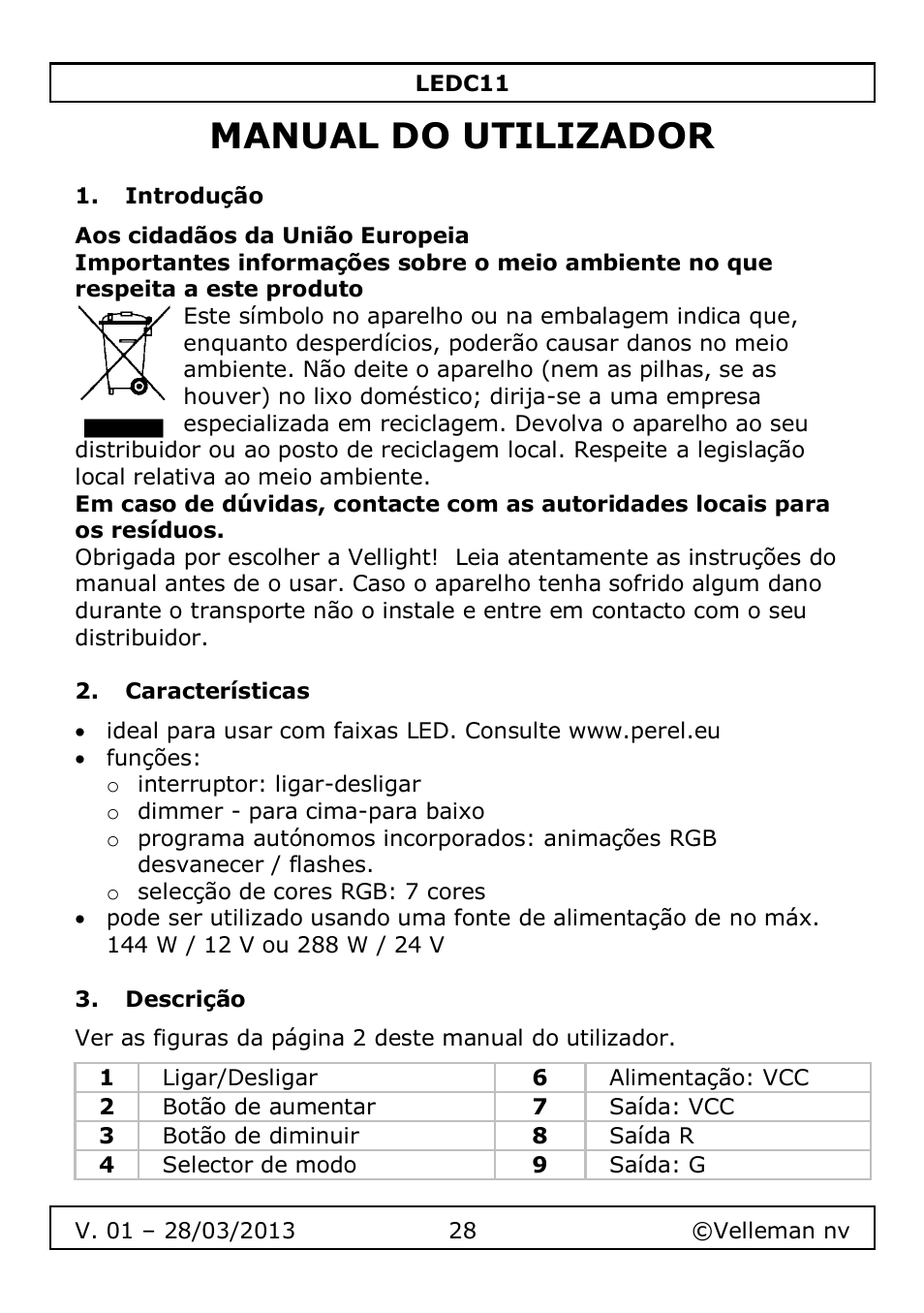 Manual do utilizador, Introdução, Características | Descrição | Velleman LEDC11 User Manual | Page 28 / 44
