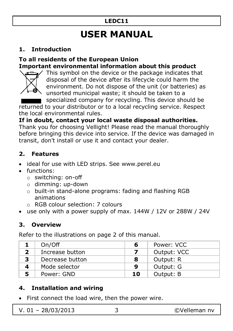 User manual, Introduction, Features | Overview, Installation and wiring | Velleman LEDC11 User Manual | Page 3 / 44