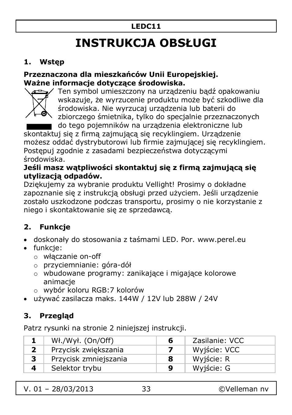 Instrukcja obsługi, Wstęp, Funkcje | Przegląd | Velleman LEDC11 User Manual | Page 33 / 44