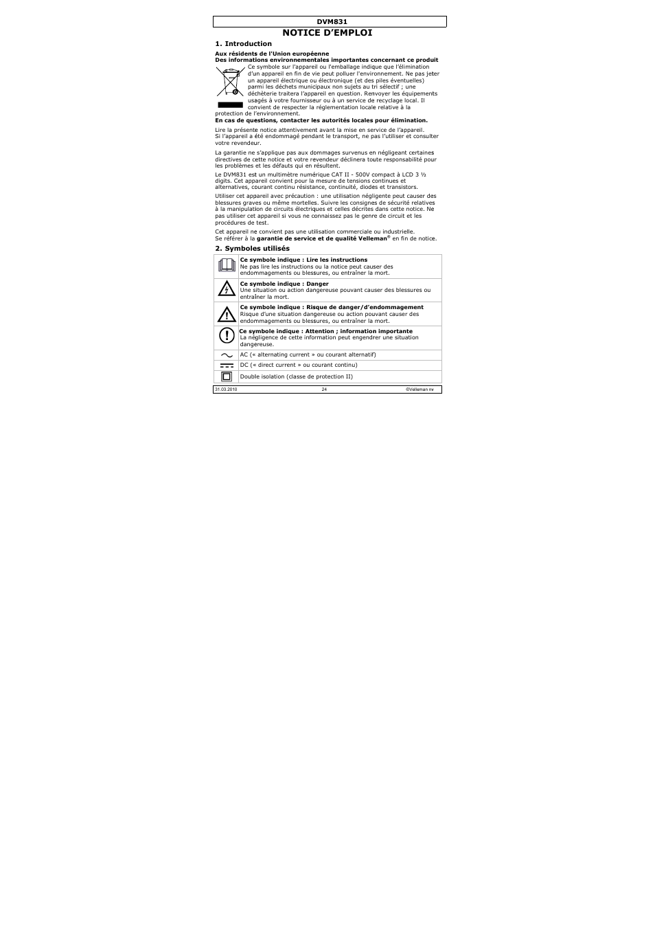 Notic, E d’emploi | Velleman DVM831 User Manual | Page 24 / 60