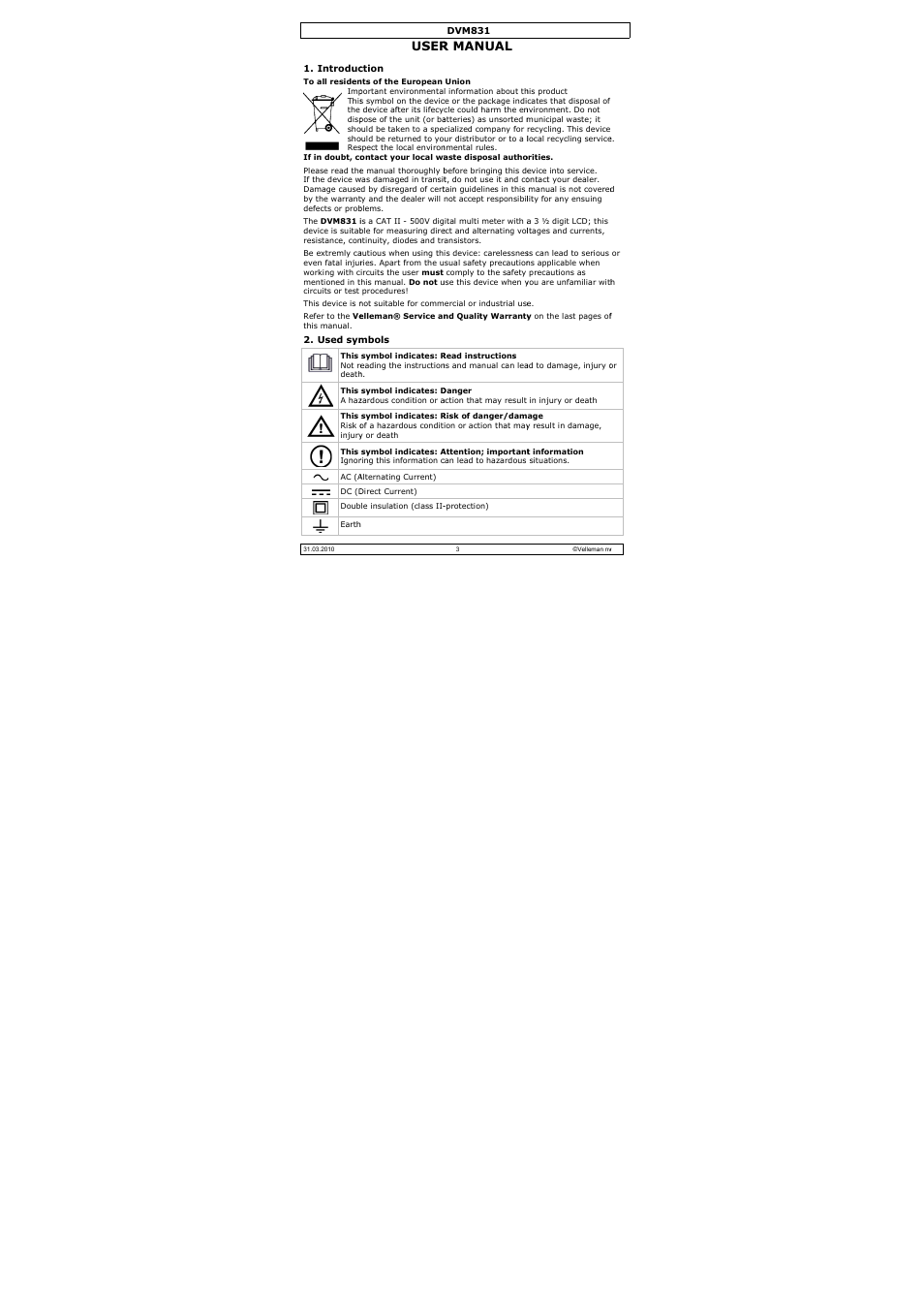 User, R manual | Velleman DVM831 User Manual | Page 3 / 60