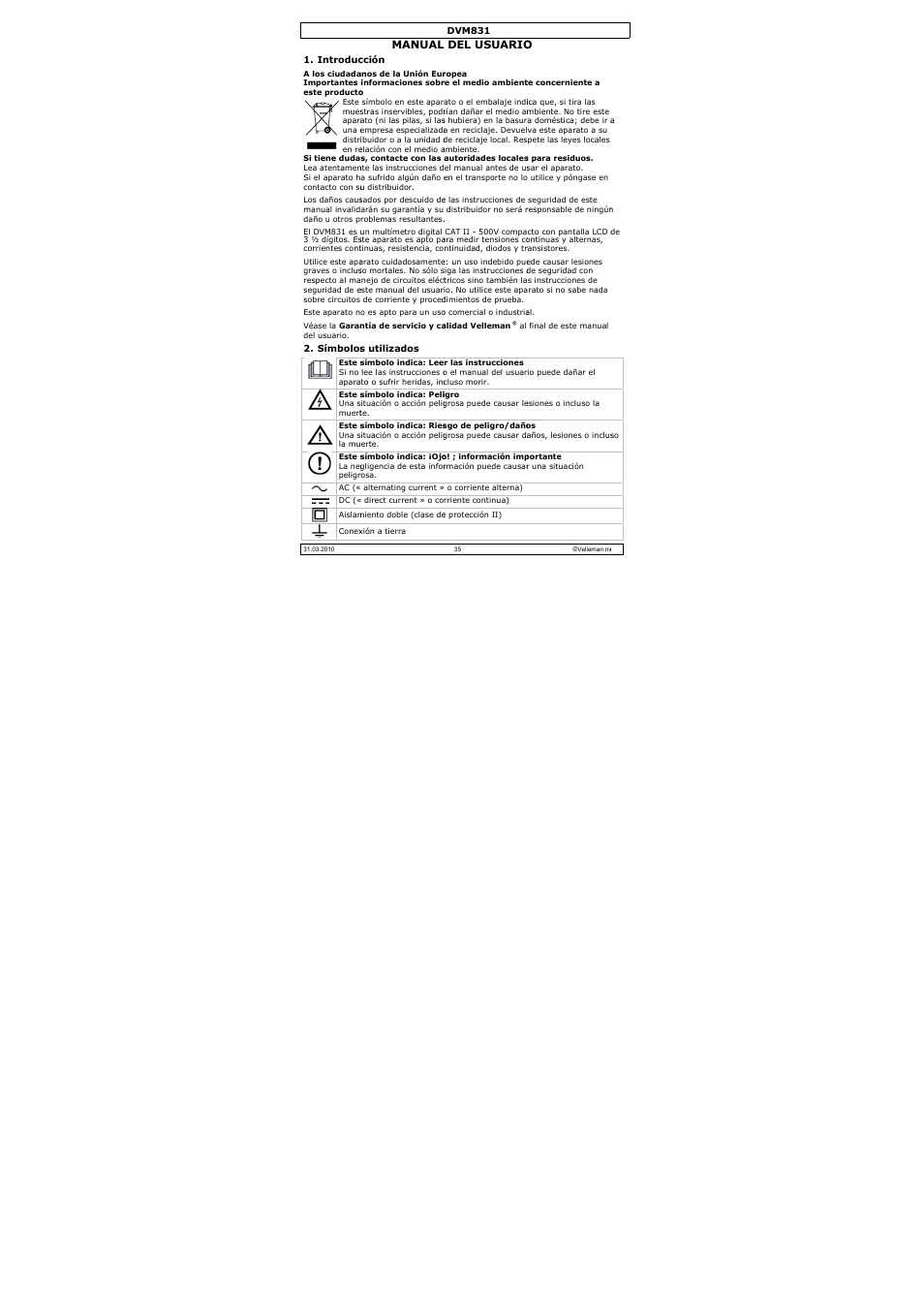 Manual, Del usuario | Velleman DVM831 User Manual | Page 35 / 60