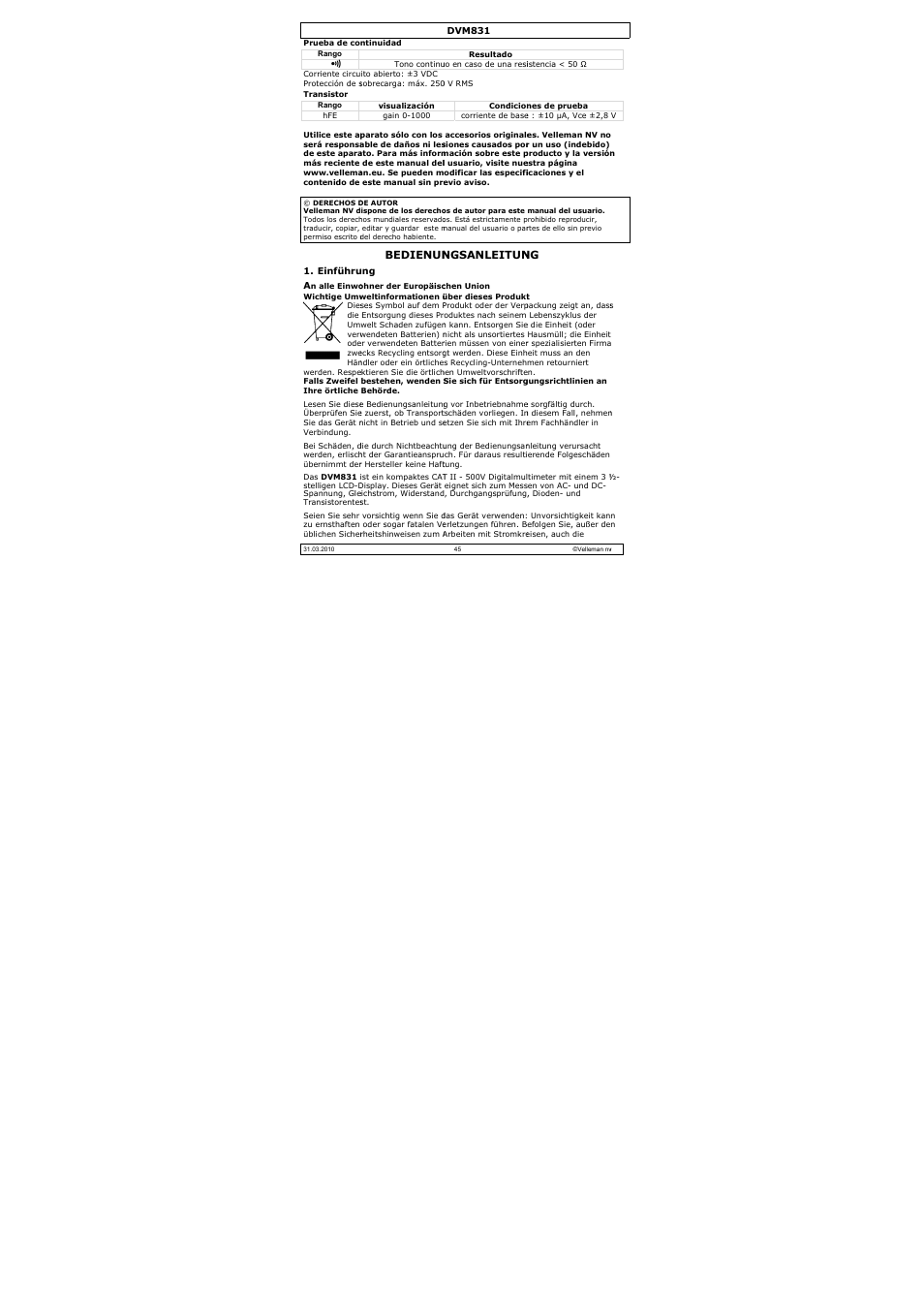 Bedienun, Ngsanleitun | Velleman DVM831 User Manual | Page 45 / 60