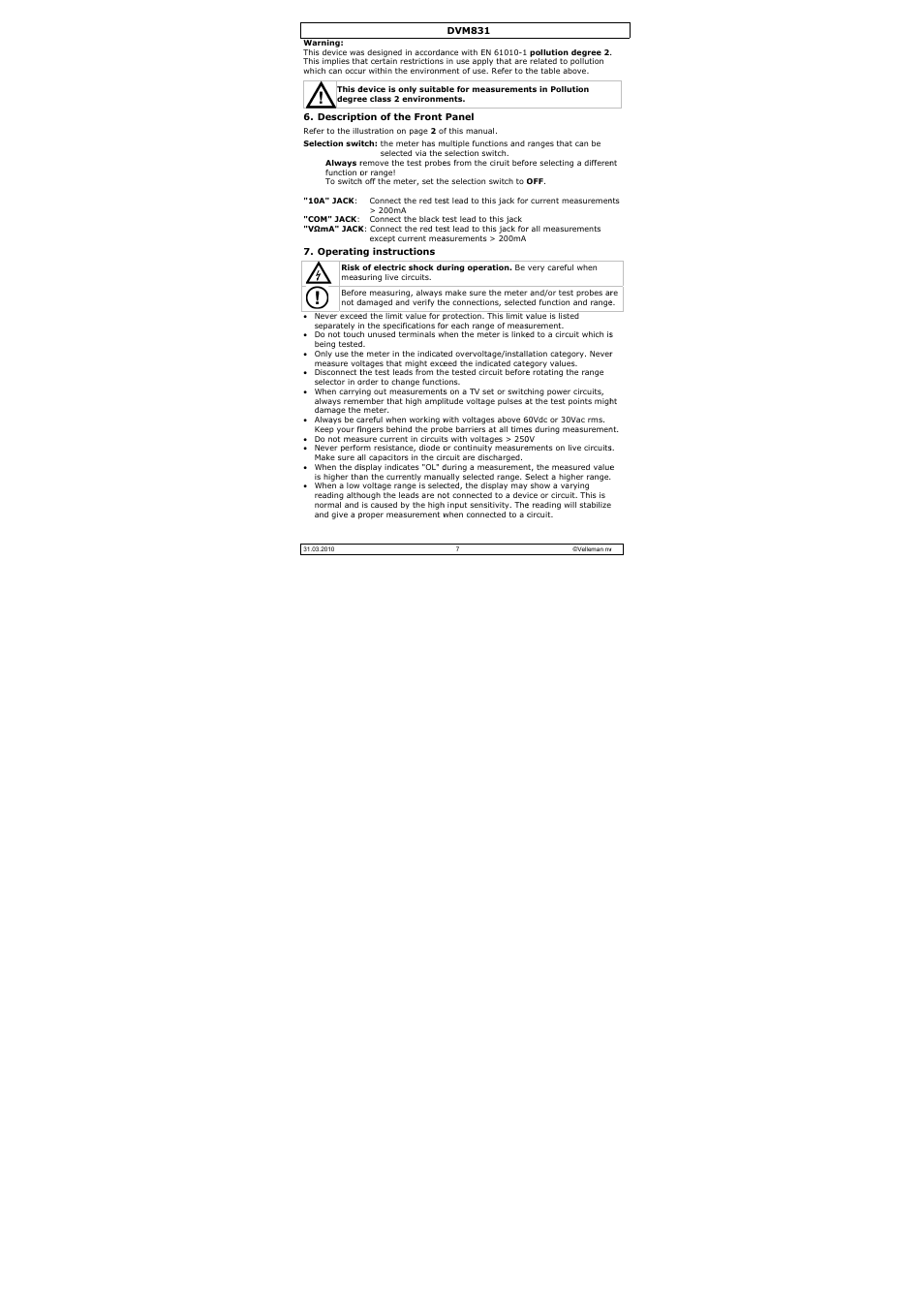 Velleman DVM831 User Manual | Page 7 / 60