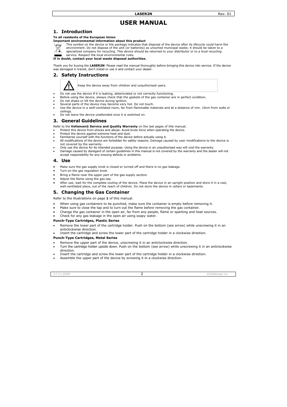 User ma, Anual, Troduction | Fety instruc, Neral guide, Anging the, Ctions, Elines, Gas conta, Iner | Velleman DLA1 User Manual | Page 2 / 12