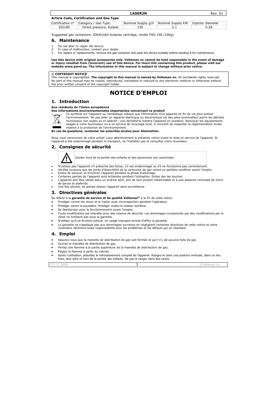 Otice d, Emploi, Intenance | Troduction, Nsignes de, Rectives gйn, Mploi, Sécurité, Nérales | Velleman DLA1 User Manual | Page 3 / 12