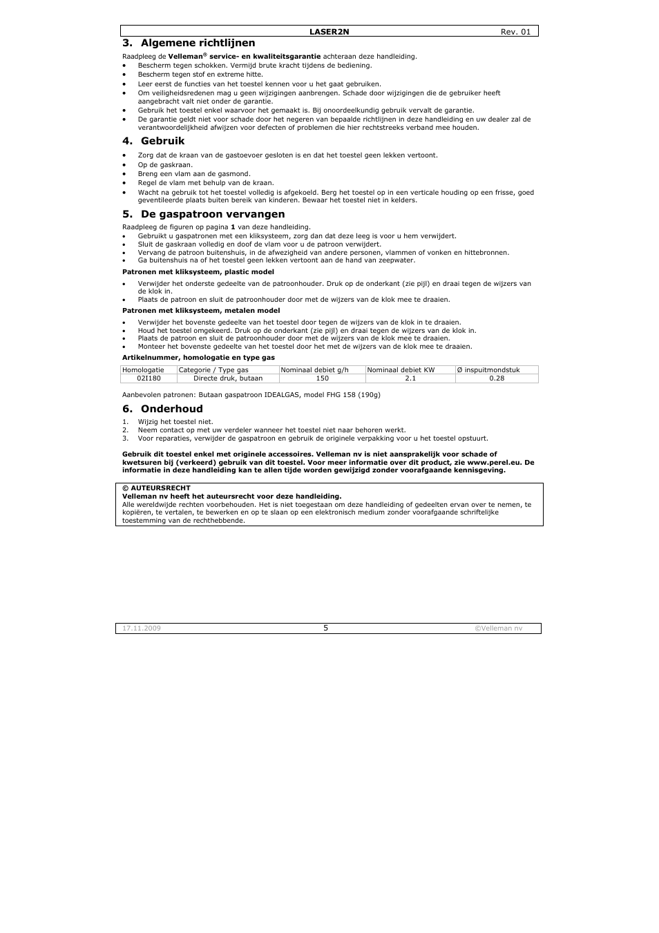 Algemene richtlijnen, Gebruik, De gaspatroon vervangen | Onderhoud | Velleman DLA1 User Manual | Page 5 / 12