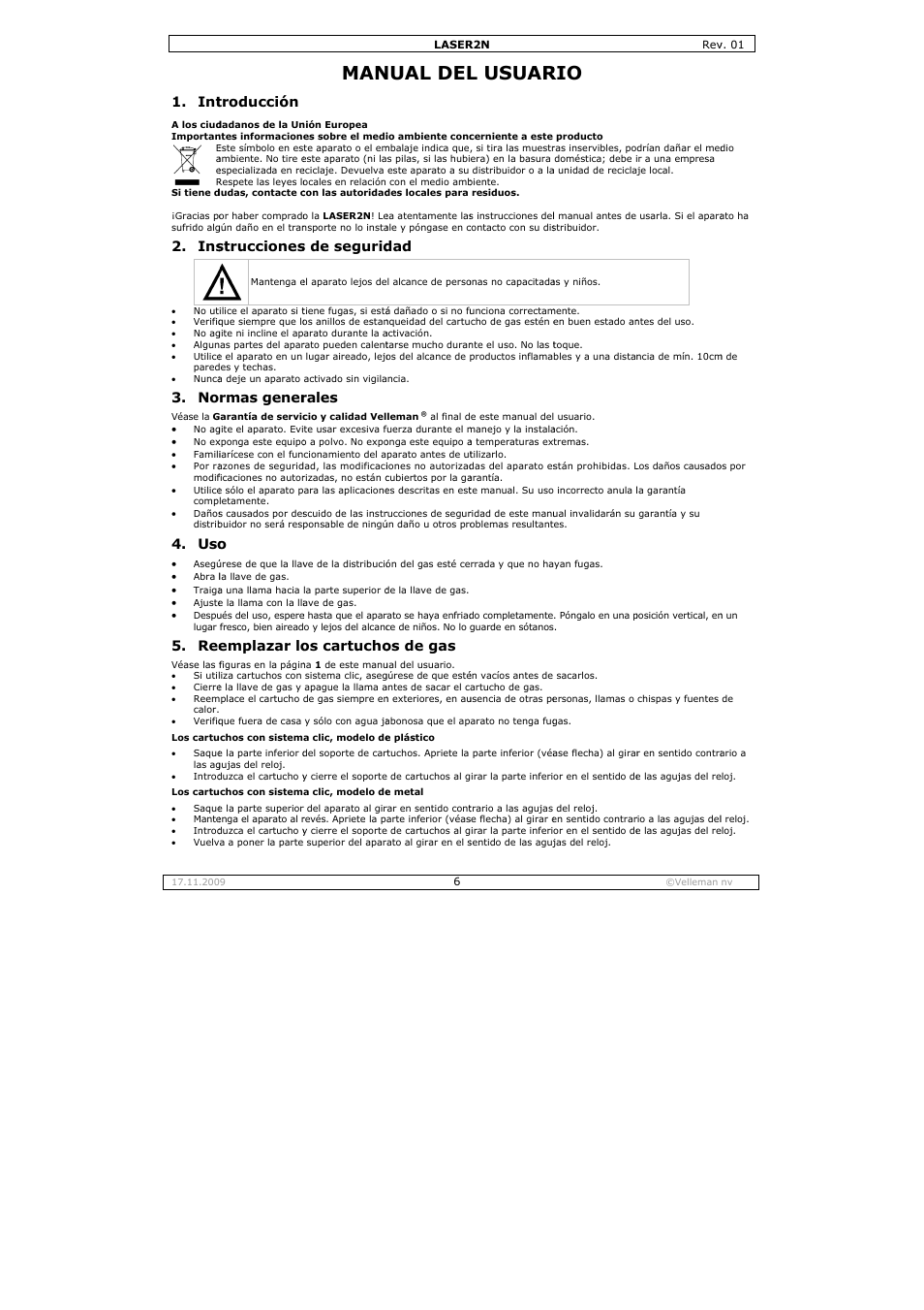 Nual del, L usuar, Troducción | Strucciones, Rmas gener, Emplazar lo, S de segurid, Rales, Os cartucho, Os de gas | Velleman DLA1 User Manual | Page 6 / 12