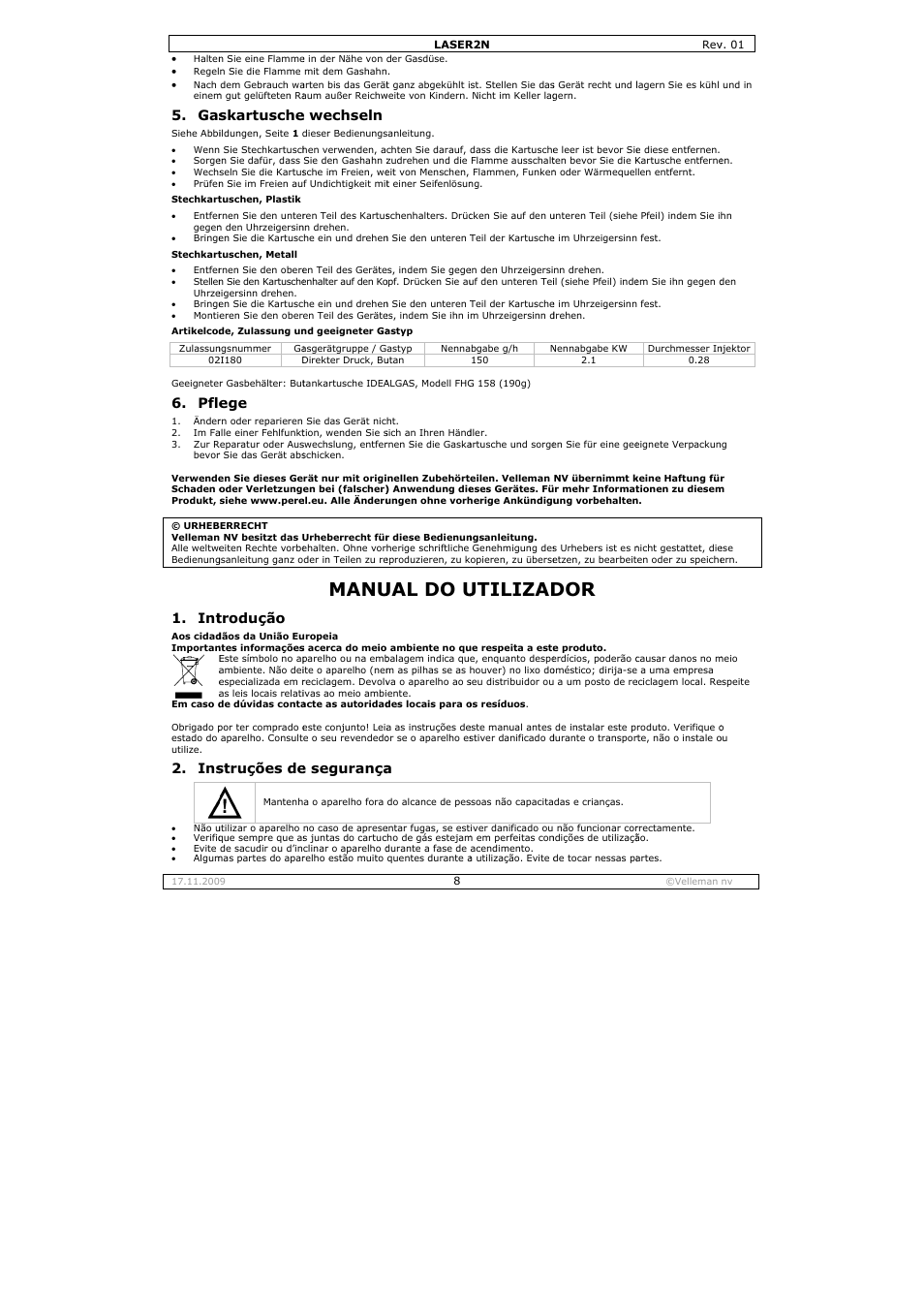 Manu, Ual do u, Utilizad | Pfle, Skartusche, Trodução, Struções de, E wechseln, E segurança | Velleman DLA1 User Manual | Page 8 / 12