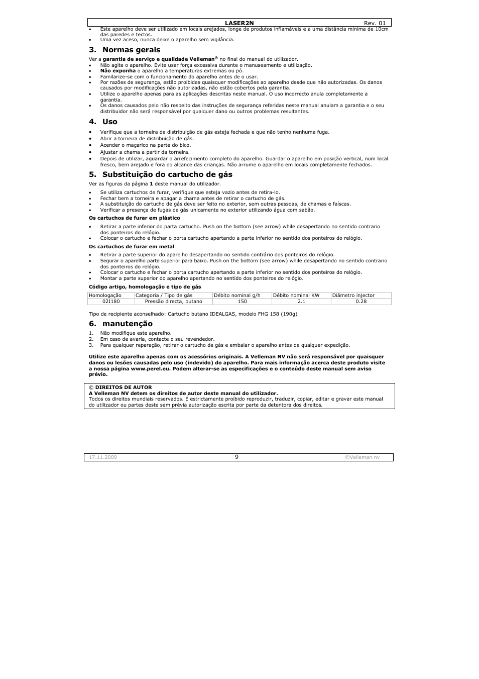 Normas gerais, Substituição do cartucho de gás, Manutenção | Velleman DLA1 User Manual | Page 9 / 12