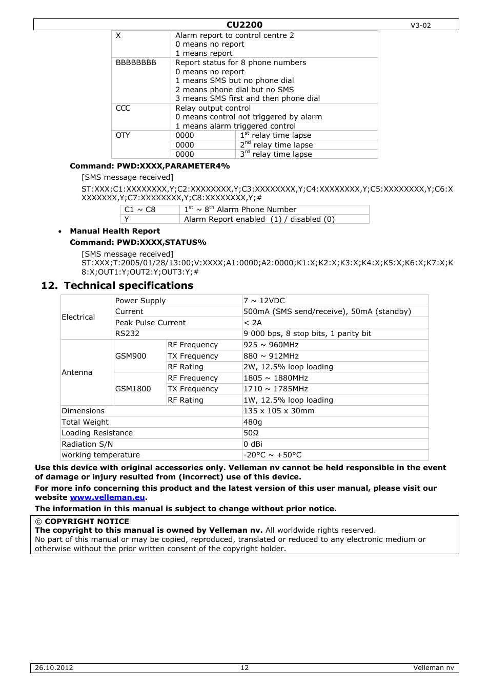 Technical specifications | Velleman CU2200 User Manual | Page 12 / 58