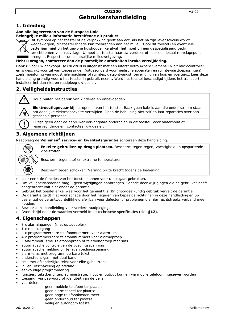 Gebruikershandleiding, Gebruik, Kershan | Ndleidin, Inleidin, Veilighe, Algeme, Eigensc, Eidsinstr, Ene richt | Velleman CU2200 User Manual | Page 13 / 58