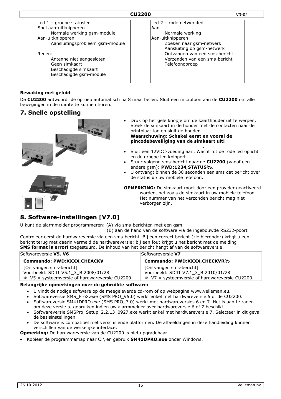 Snelle o . softwa, Opstellin re-instel, Ng llingen | V7.0 | Velleman CU2200 User Manual | Page 15 / 58