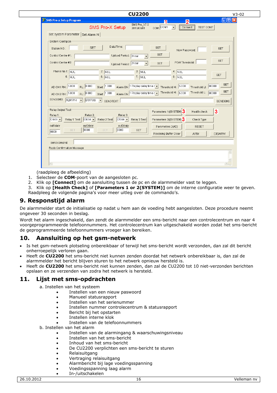 Responstijd alarm, Aansluiting op het gsm-netwerk, Lijst met sms-opdrachten | Velleman CU2200 User Manual | Page 16 / 58
