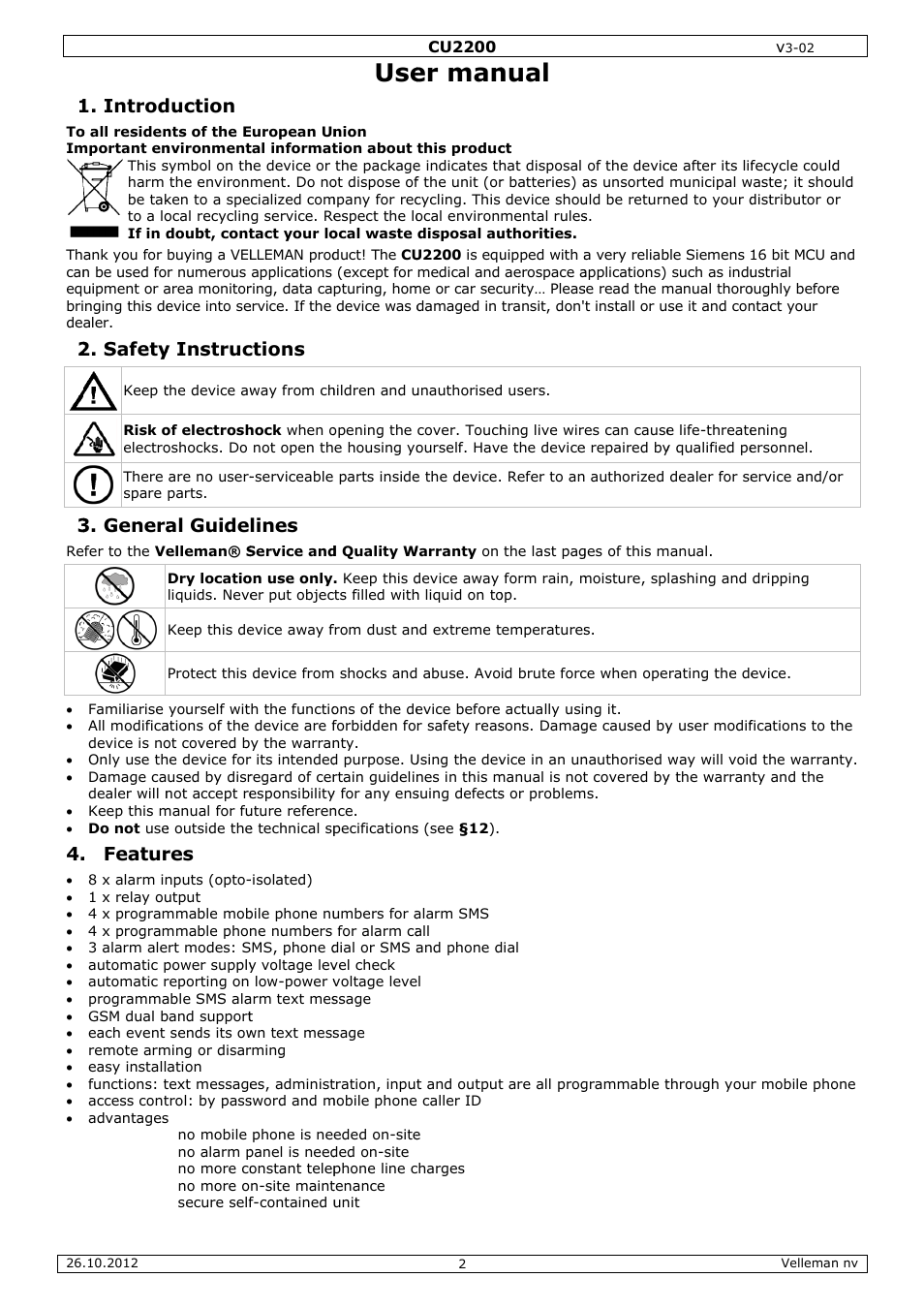 User manual, Er man, Nual | Introd, Safety, Genera, Featur, Duction, Y instruc, Al guide | Velleman CU2200 User Manual | Page 2 / 58