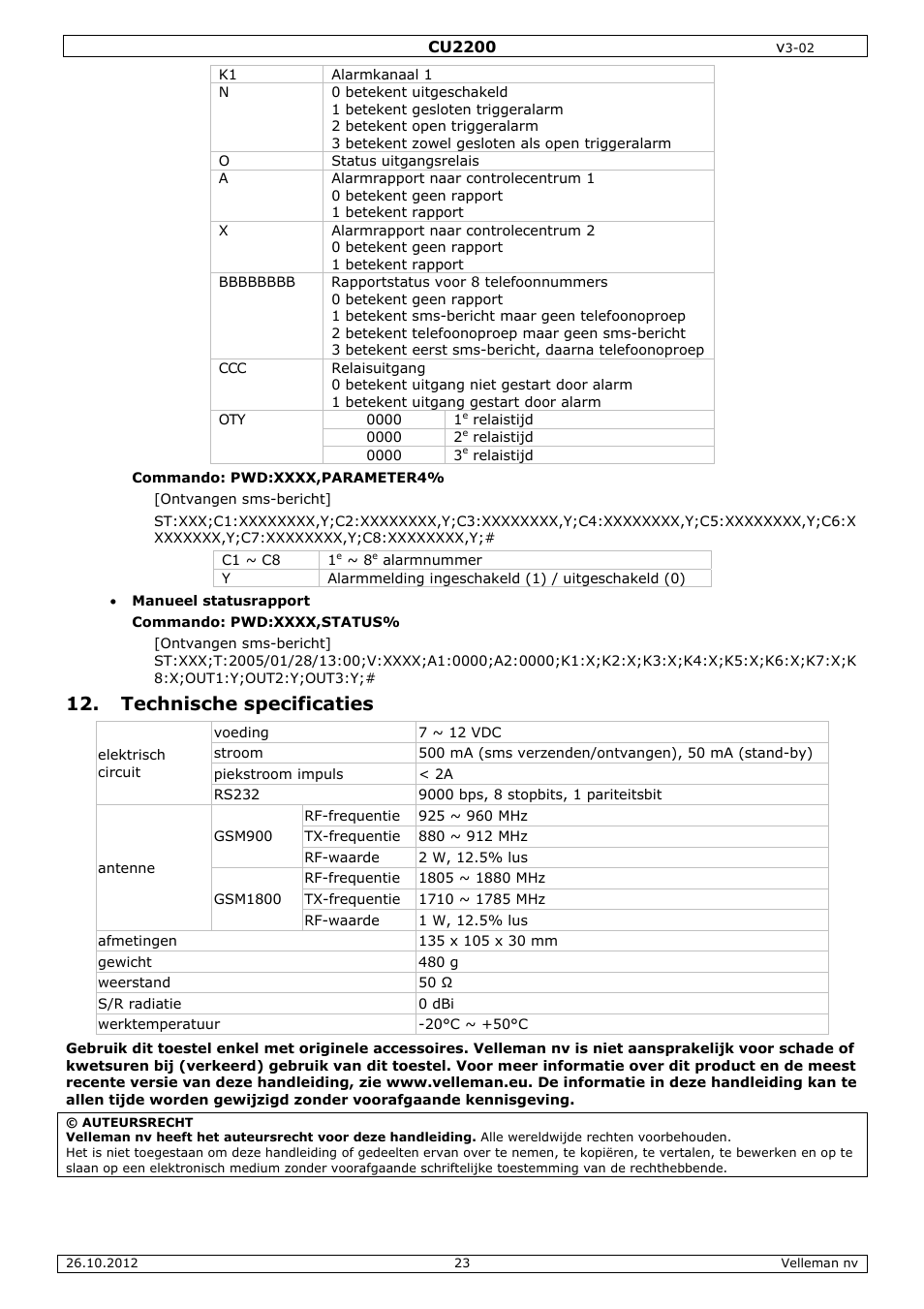 Technische specificaties | Velleman CU2200 User Manual | Page 23 / 58