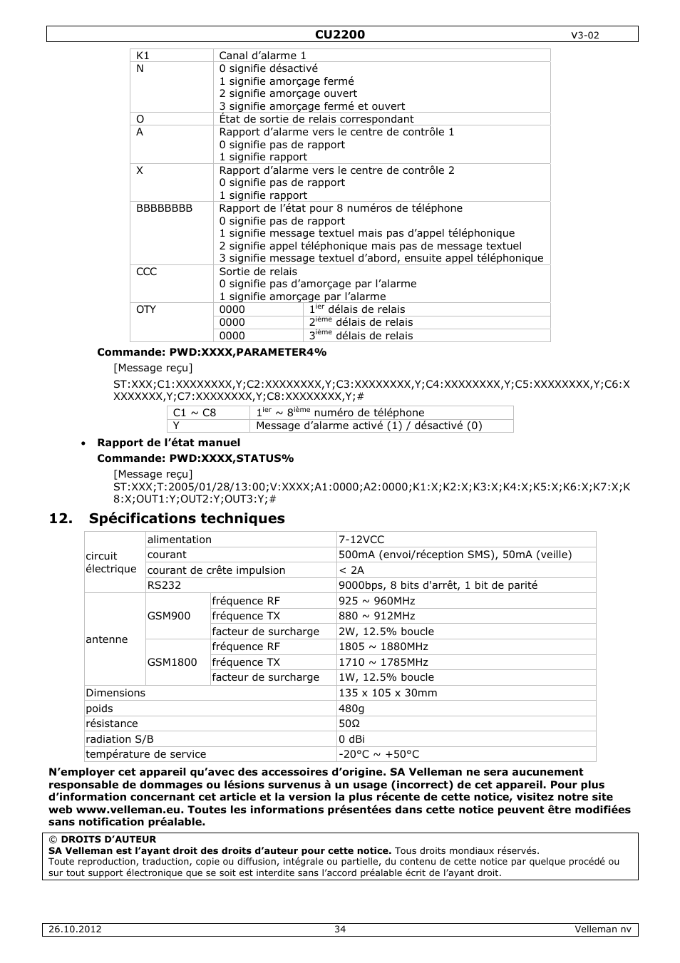 Spécifications techniques | Velleman CU2200 User Manual | Page 34 / 58