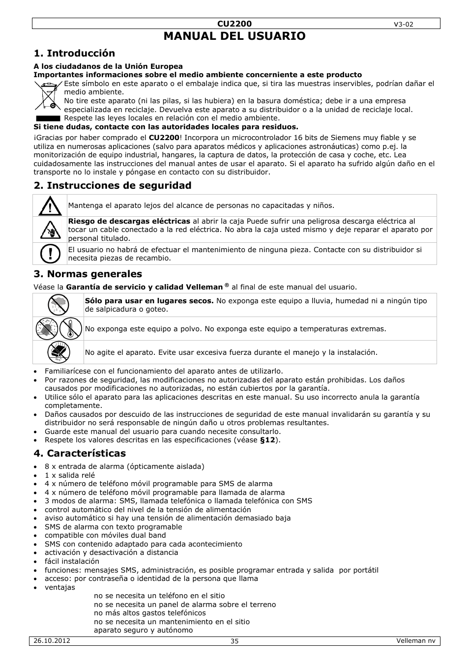 Manual del usuario, Manual, L del u | Usuari, Introdu, Instruc, Normas, Caracte, Ucción, Cciones d | Velleman CU2200 User Manual | Page 35 / 58