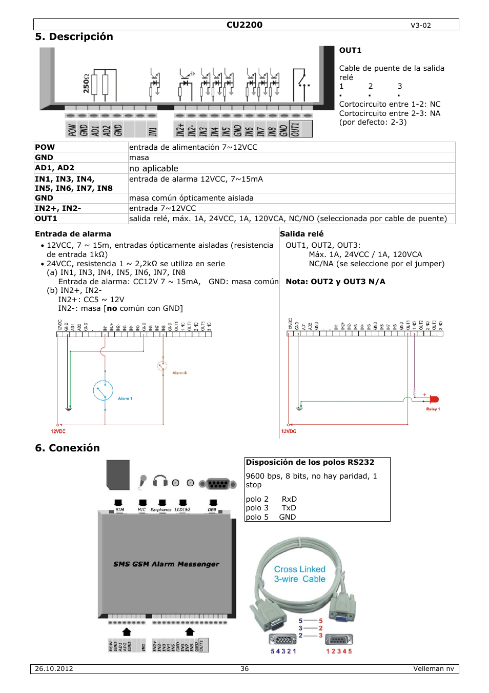 Descripción, Conexión | Velleman CU2200 User Manual | Page 36 / 58