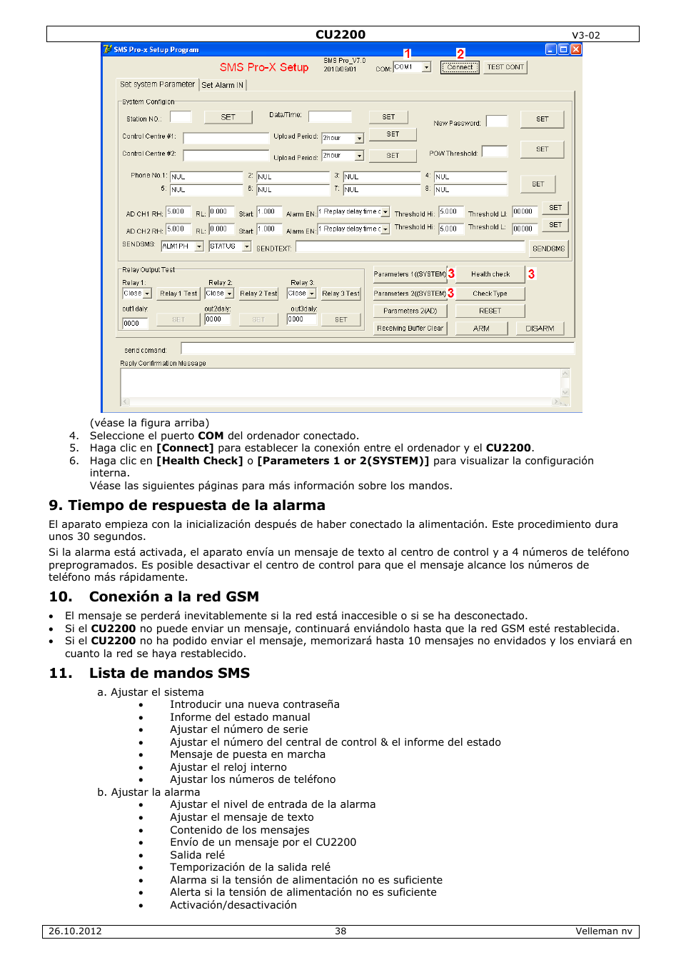 Tiempo de respuesta de la alarma, Conexión a la red gsm, Lista de mandos sms | Velleman CU2200 User Manual | Page 38 / 58