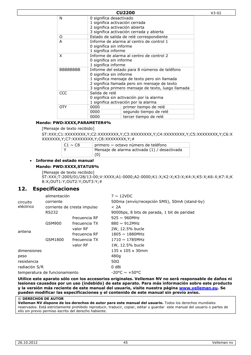 Especificaciones | Velleman CU2200 User Manual | Page 45 / 58