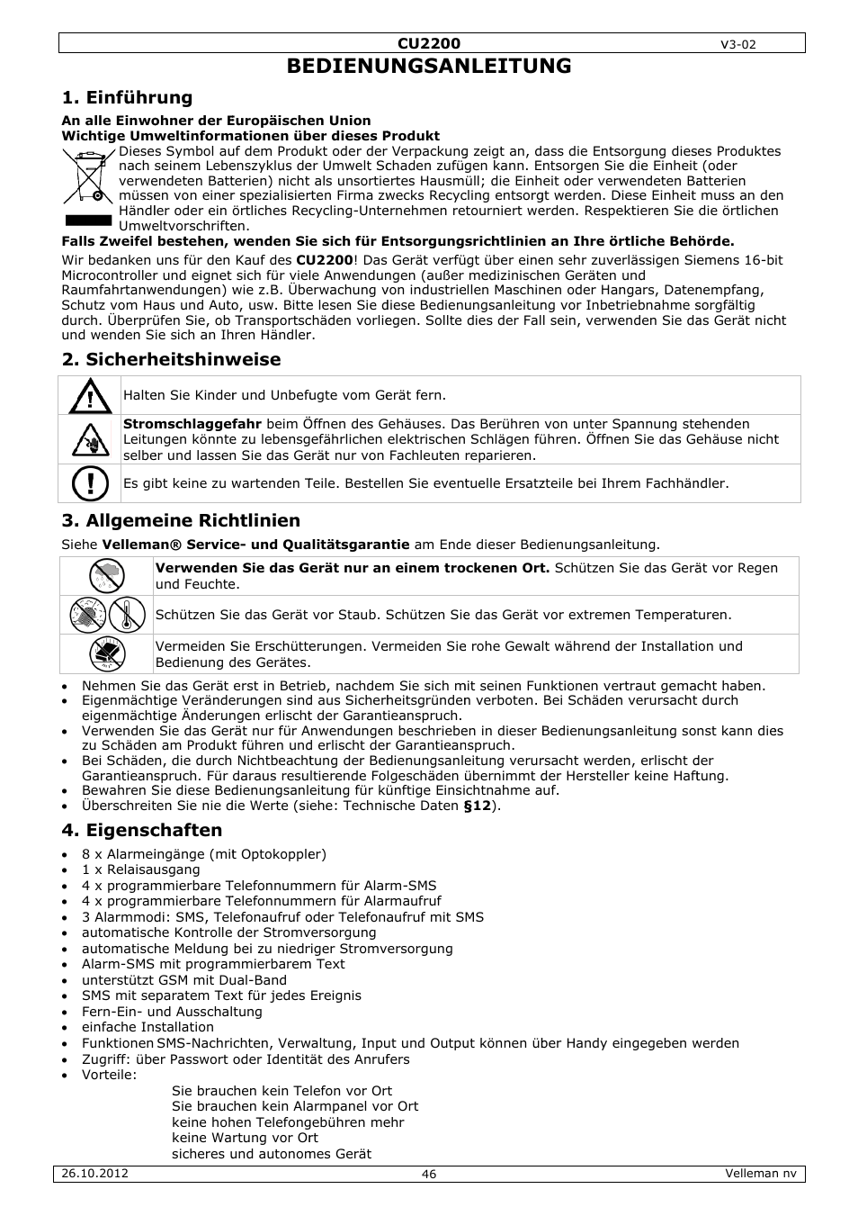 Bedienungsanleitung, Edienu, Ungsan | Nleitun, Einführ, Sicherh, Allgeme, Eigensc, Rung, Heitshinw | Velleman CU2200 User Manual | Page 46 / 58