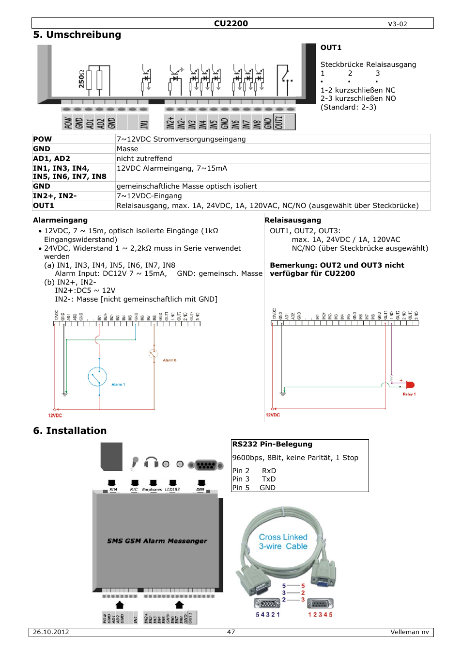 Umschreibung, Installation | Velleman CU2200 User Manual | Page 47 / 58