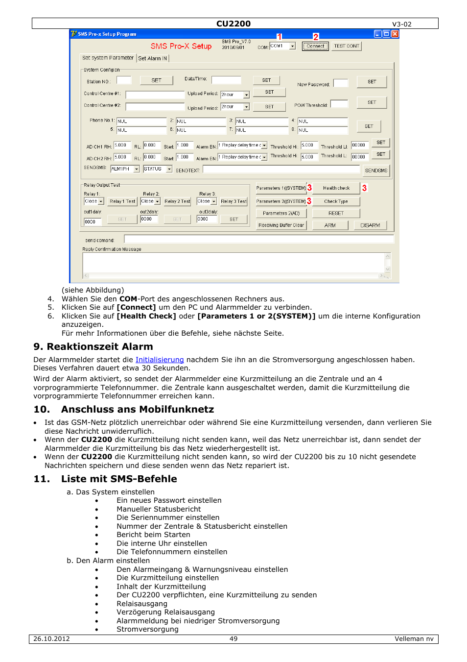 Reaktionszeit alarm, Anschluss ans mobilfunknetz, Liste mit sms-befehle | Velleman CU2200 User Manual | Page 49 / 58