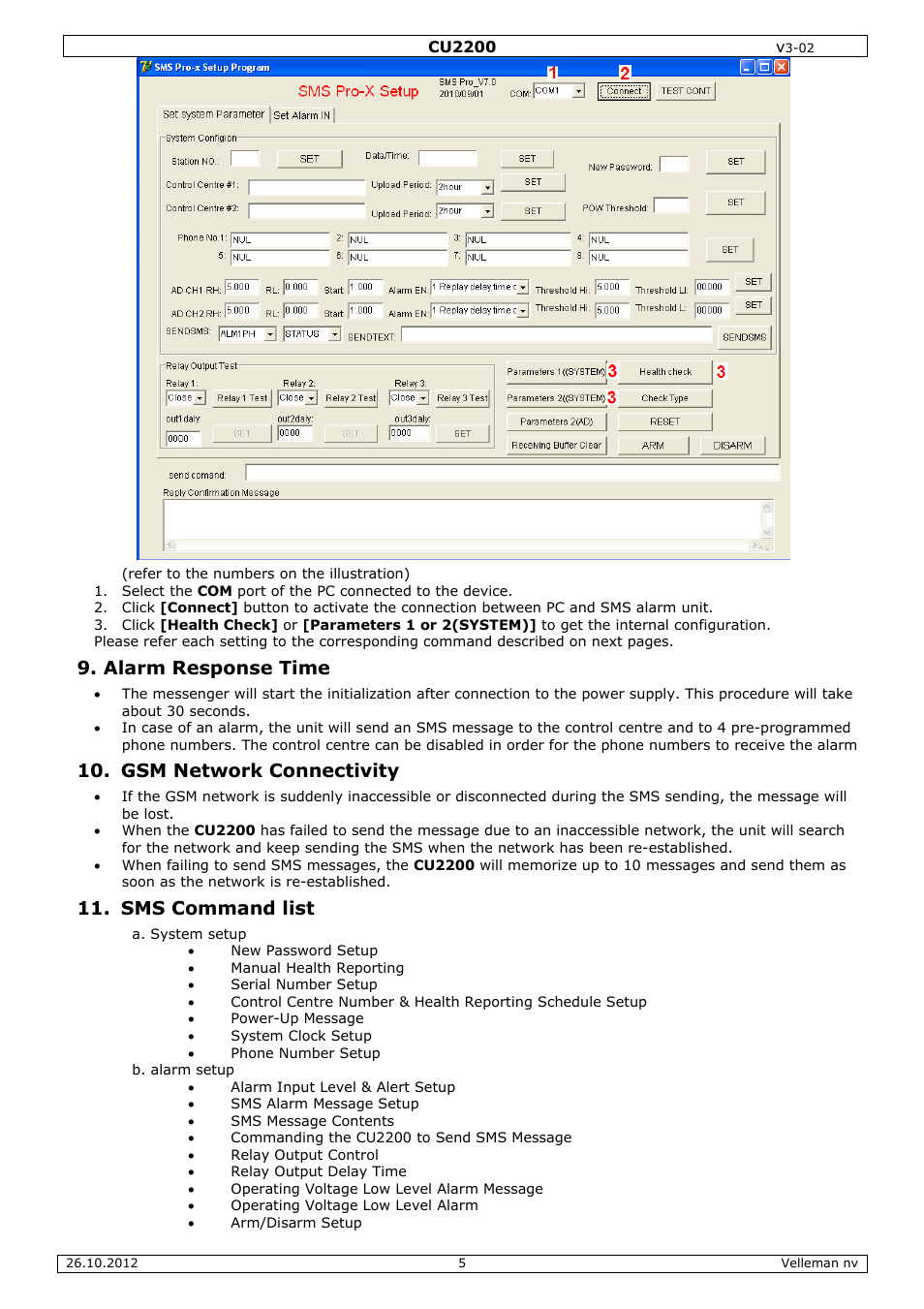 Alarm response time, Gsm network connectivity, Sms command list | Velleman CU2200 User Manual | Page 5 / 58