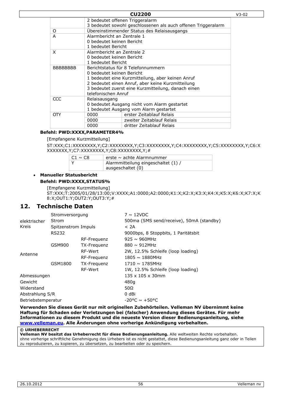 Technische daten | Velleman CU2200 User Manual | Page 56 / 58