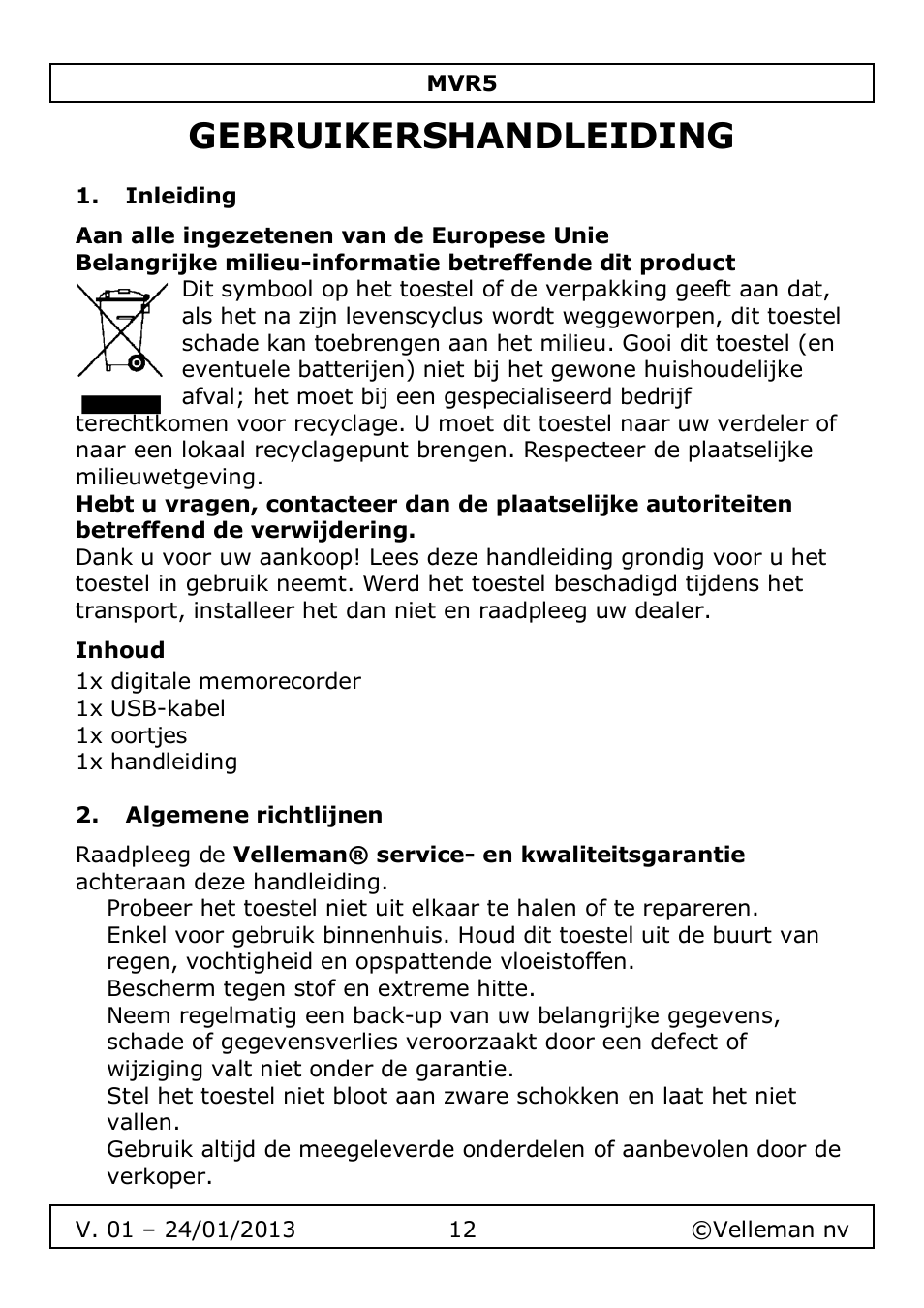 Gebruikershandleiding | Velleman MVR5 User Manual | Page 12 / 78